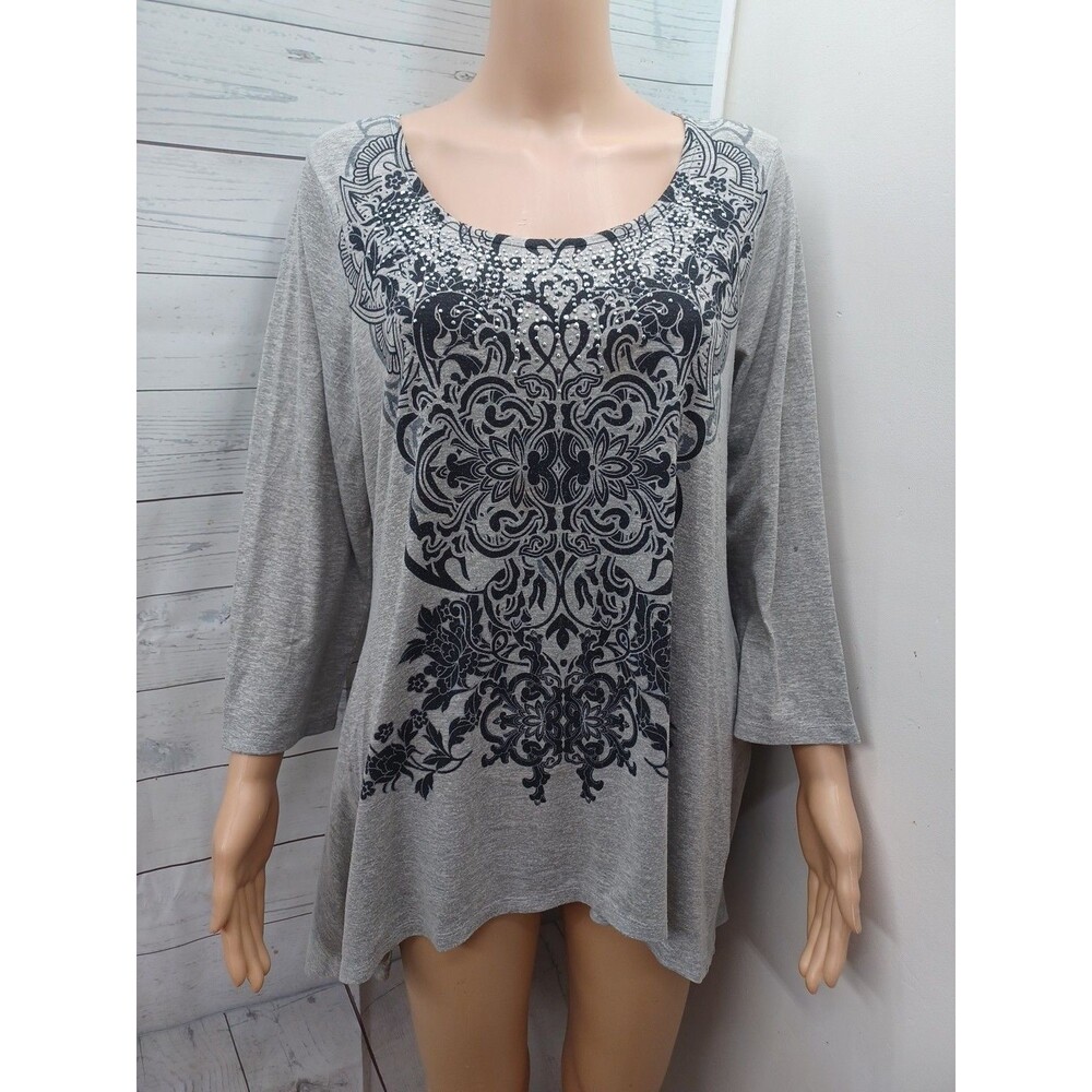 Energe Worldwear Gray Black Top Floral Studded 3/4 Sleeve Sharkbite Petite XL
